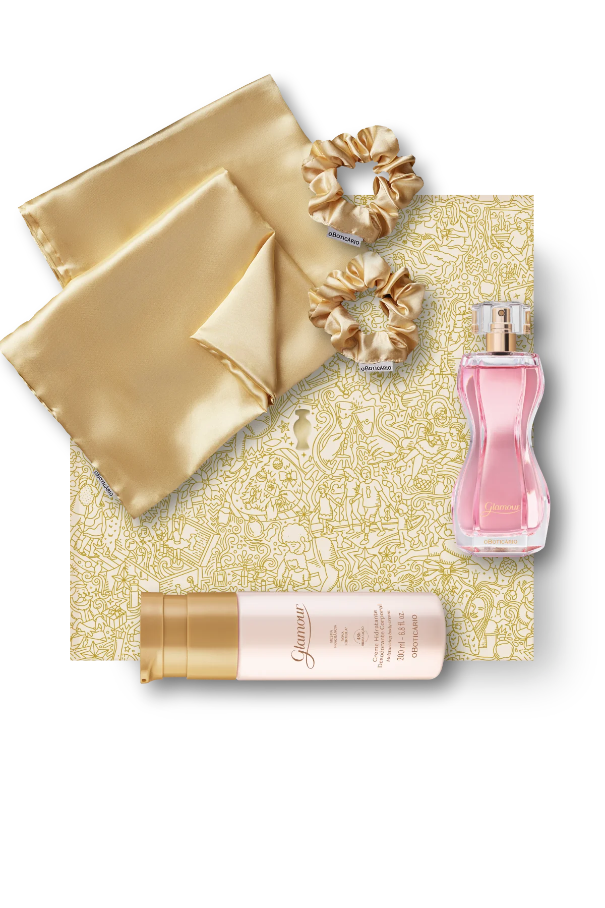 Glamour Holiday Gift Set: 75ml Fragrance, 200ml Body Lotion w/ 2 Satin Pillow Cases & Scrunchies
