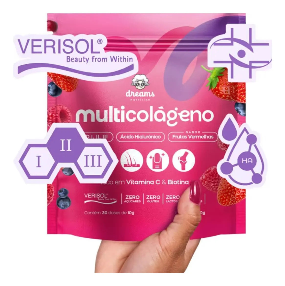 Multicolágeno Dreams Colágeno 1 , 2 ,3 Verisol Acido Hialuro Frutas Vermelhas
