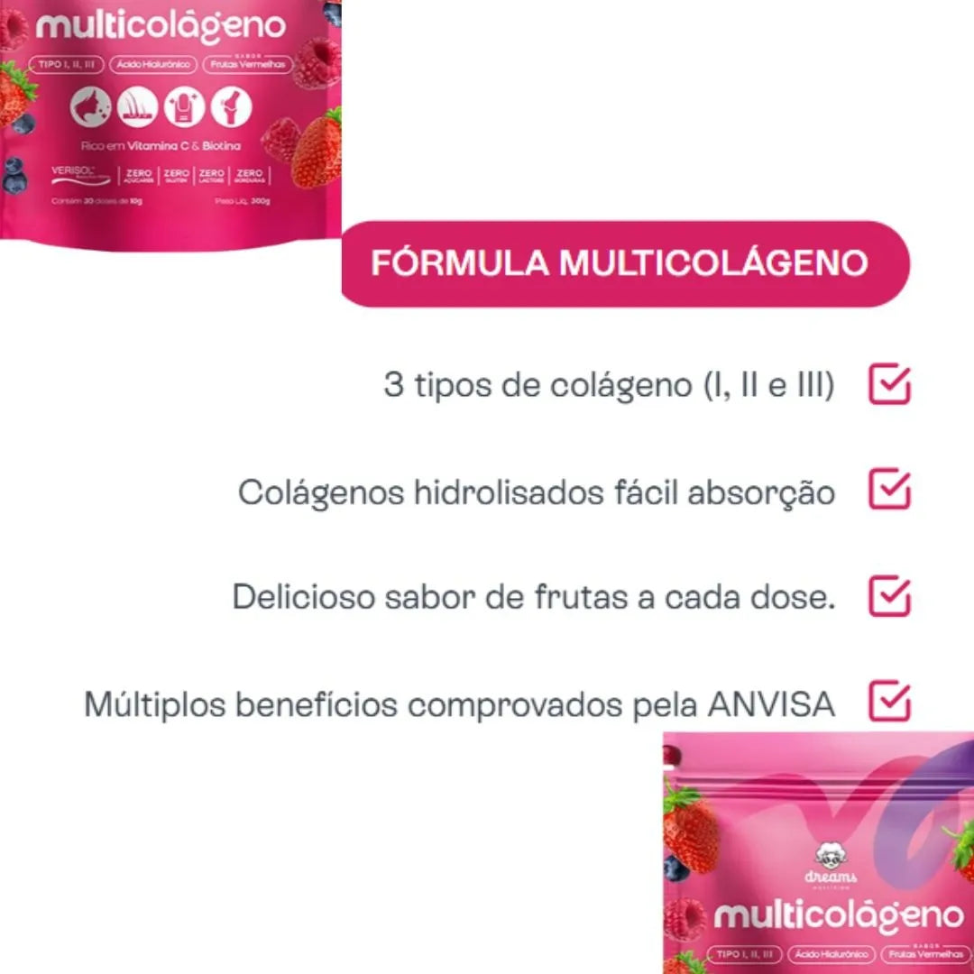 Multicolágeno Dreams Colágeno 1 , 2 ,3 Verisol Acido Hialuro Frutas Vermelhas