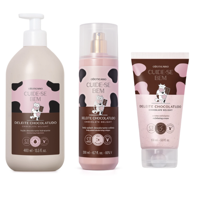 Kit Cuide-se Bem Deleite Chocolatudo: Loção Corporal 400ml + Creme Esfoliante Corporal 150ml+ Body splash 200ml